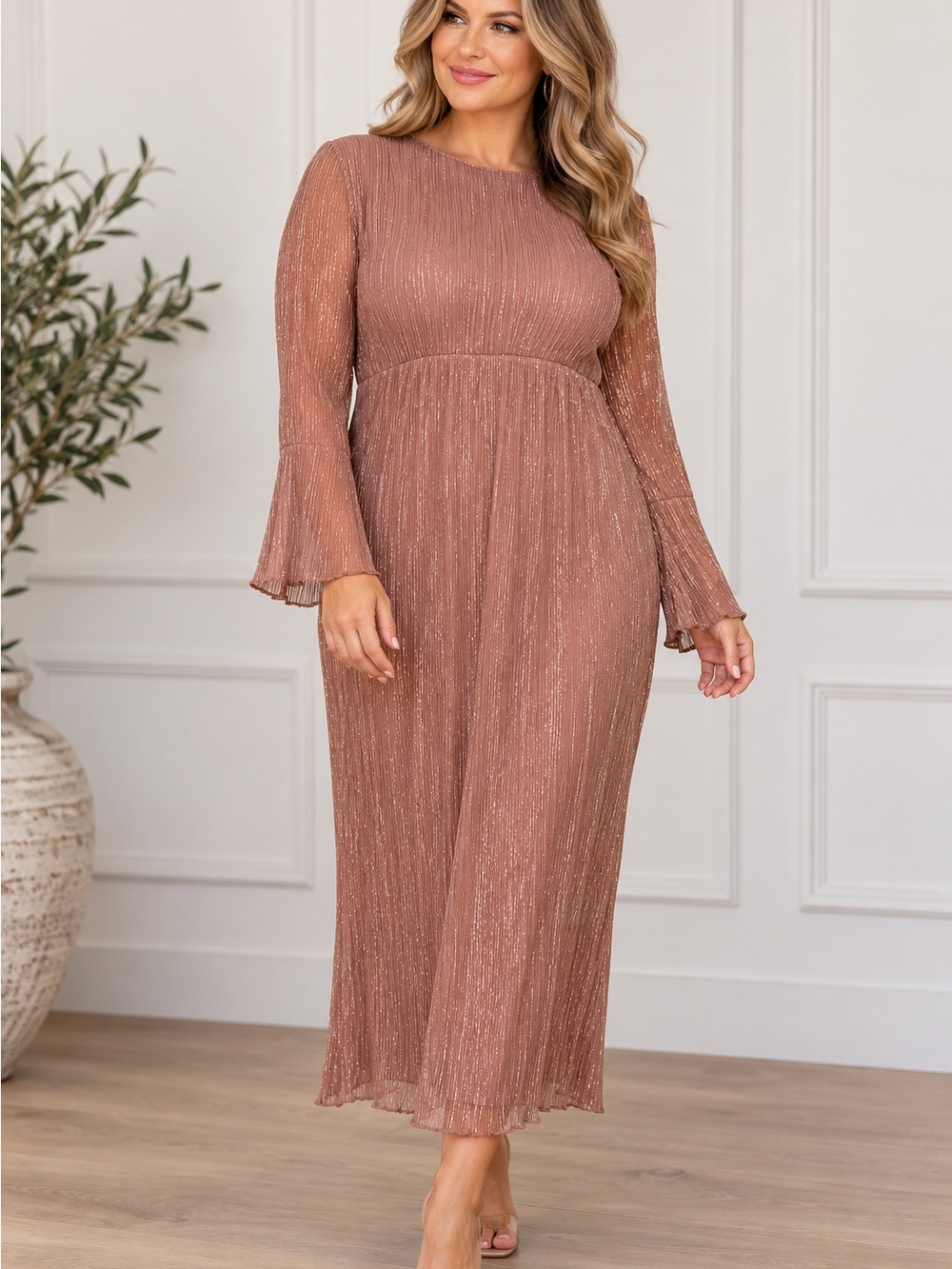 SHEIN Shimmery Dusty Rose Long-Sleeve Maxi Dress